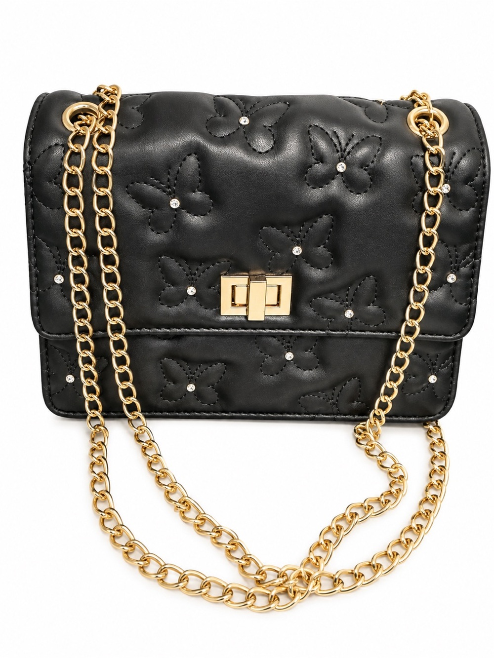 Like Dreams LD Black Butterfly Quilted Shoulder Bag Rhinestone Gold Chain Y2K